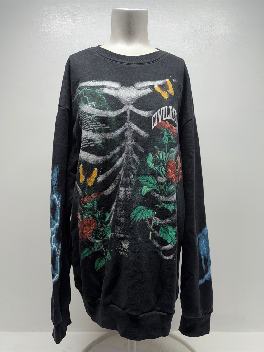 Civil Regime Sweatshirt Long Sleeve Pullover Cotton Floral Skeleton Black Large